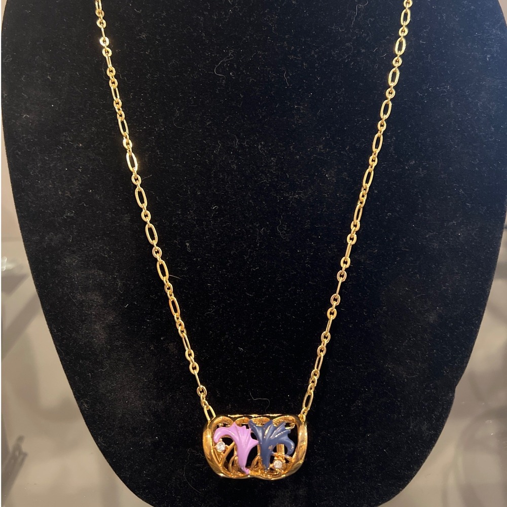J Crew Gold Tone Enamel‎ Floral Pendant Necklace Blue Purple Crystal Vtg Style
